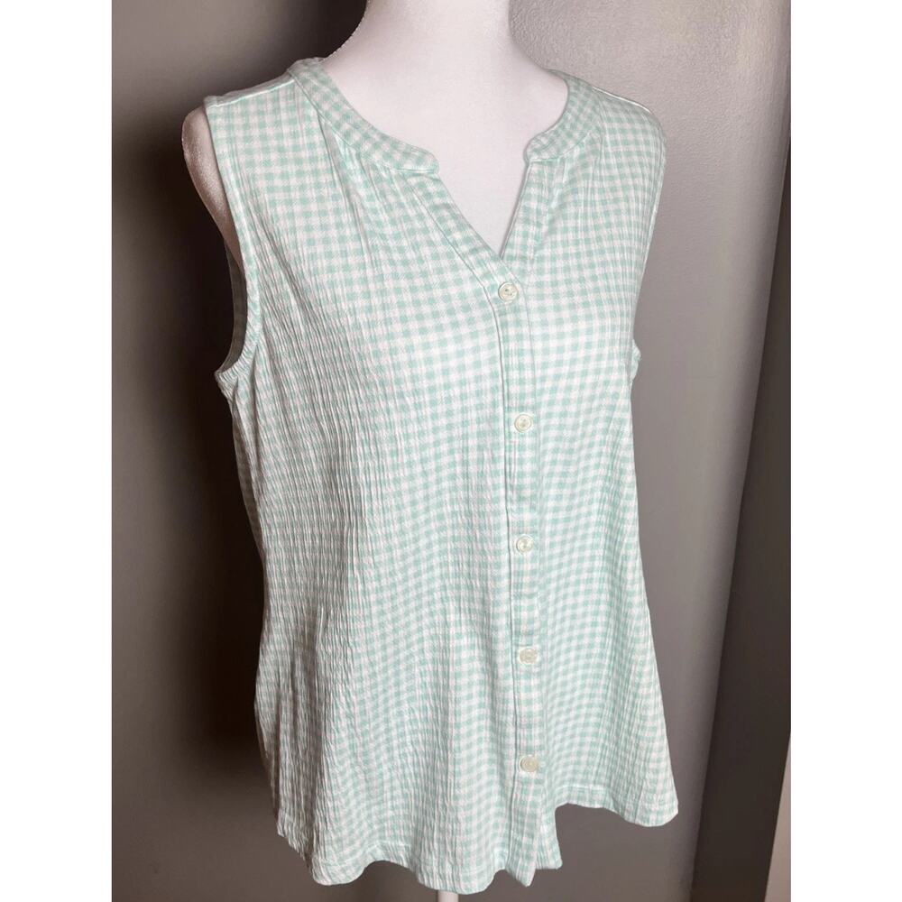 Lands' End Teal Gingham Check Sleeveless Button Up Tank Women's Small, Nautical